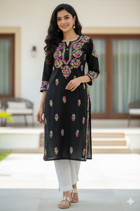 Chikankari black Rayon kurti