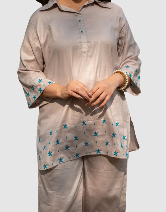 Beige Co-ord Set with Blue Embroidery