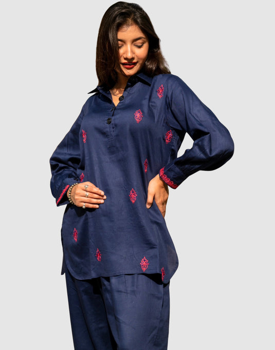 Navy Blue Embroidered Co-ord Set