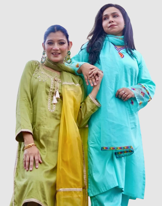 Aqua Blue Resham Embroidered Glace Cotton Set with Organza Dupatta