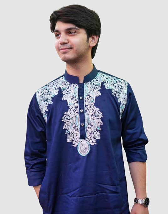 Men’s Navy Blue Kurta with Resham Aari Embroidery