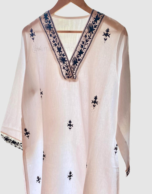 Women’s White Kurti & Dupatta Set with Black Embroidery