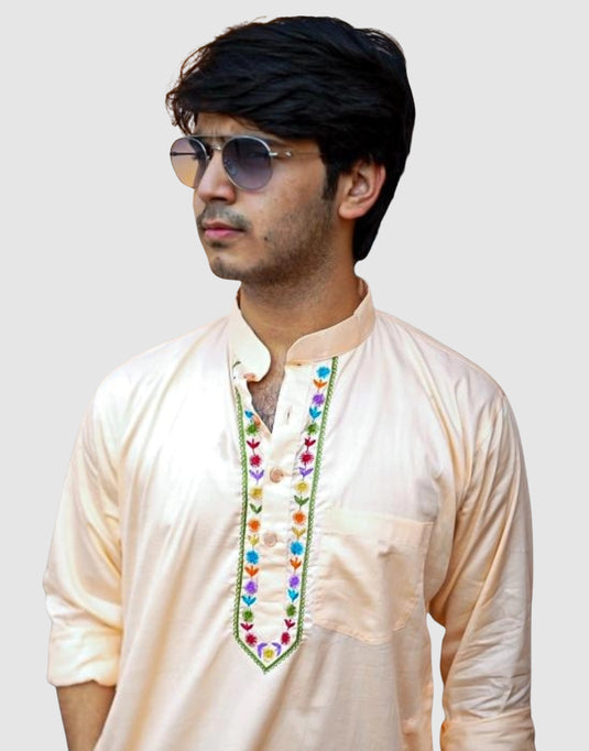 Men’s Peach Cotton Kurta with Resham Aari Embroidery