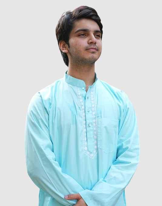 Men’s Light Blue Cotton Kurta with Resham Aari Embroidery