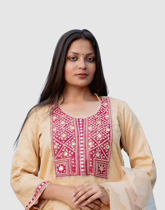 Women’s Beige Suit with Red Embroidered Yoke and Dupatta