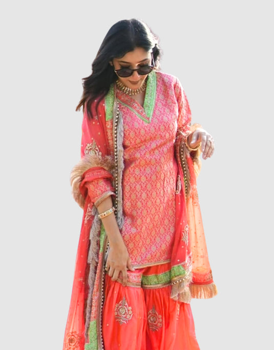 Women’s Coral Pink Sharara Set with Dupatta and Embellished Detailing