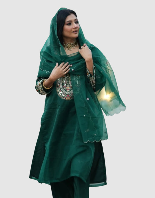 Aimal Dark Green Organza Aari Hand-Embroidered Outfit
