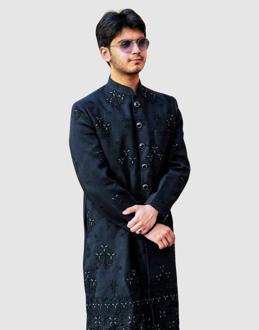 Black Royal Sherwani with Resham Aari Embroidery