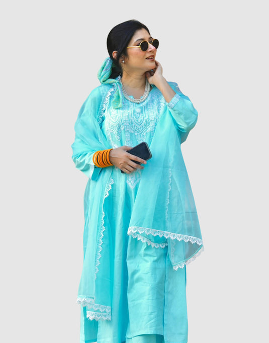 Aqua Blue Aari Embroidered Suit with Organza Dupatta