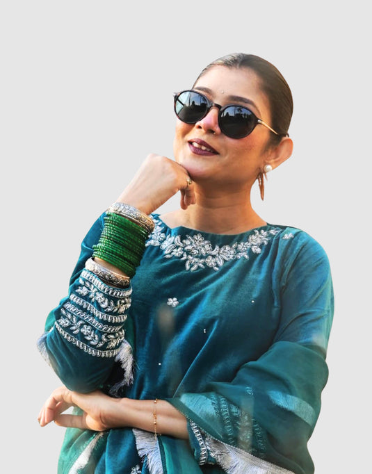 Velvet Suit Set with Aari Pothwork & Organza Dupatta