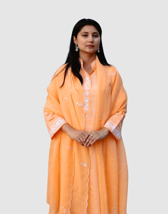 Noor Collection– Women’s Peach Suit with White Embroidery and Dupatta