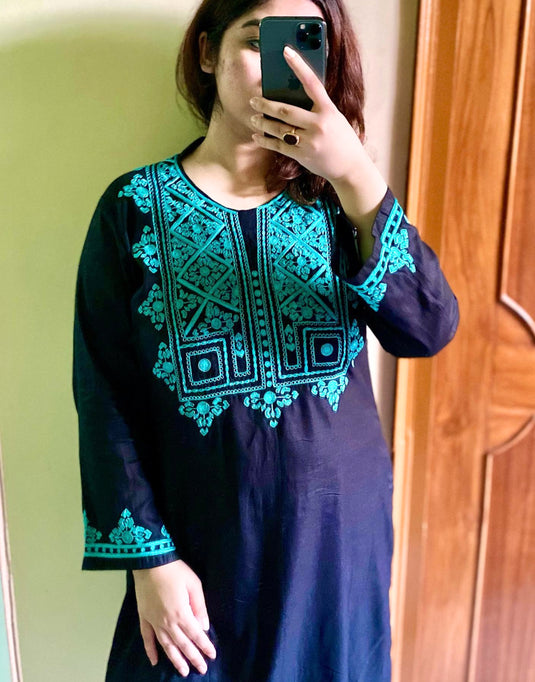 Women’s Blue Kurti with Turquoise Aari Resham Embroidery