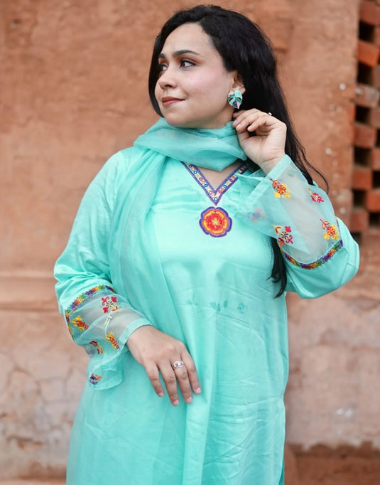 Aqua Blue Resham Embroidered Glace Cotton Set with Organza Dupatta