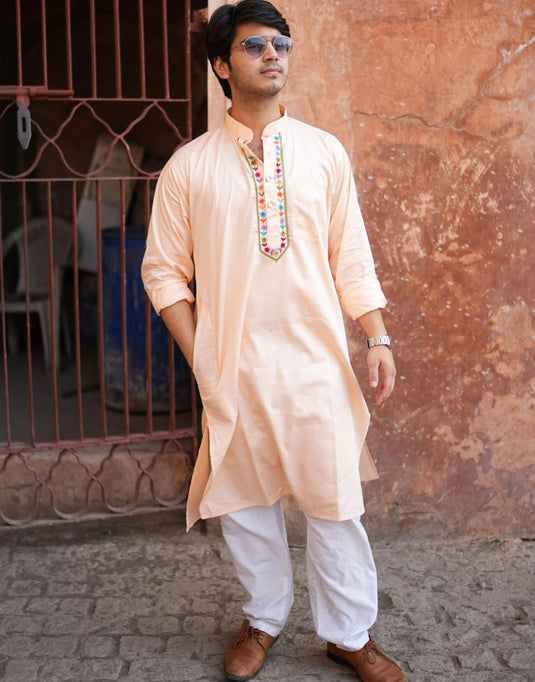 Men’s Peach Cotton Kurta with Resham Aari Embroidery