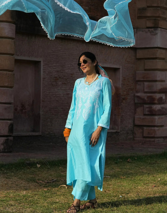 Aqua Blue Aari Embroidered Suit with Organza Dupatta