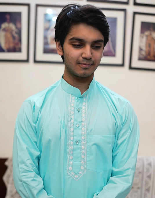 Men’s Light Blue Cotton Kurta with Resham Aari Embroidery