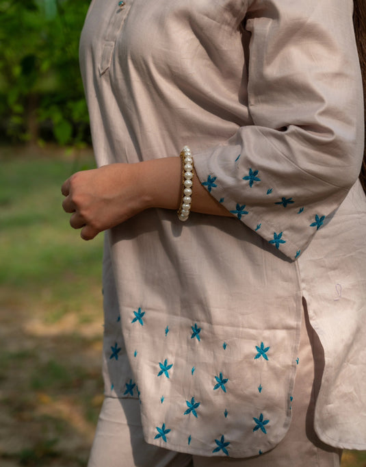 Beige Co-ord Set with Blue Embroidery