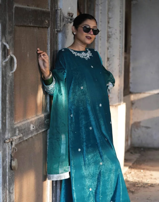 Velvet Suit Set with Aari Pothwork & Organza Dupatta