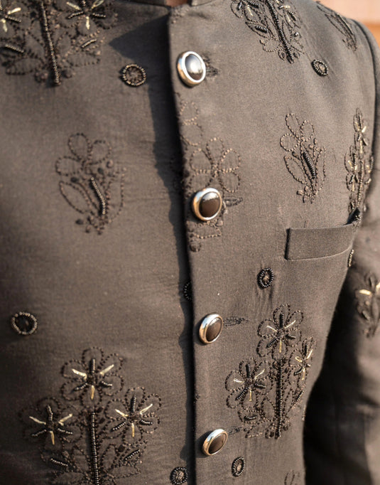 Black Royal Sherwani with Resham Aari Embroidery