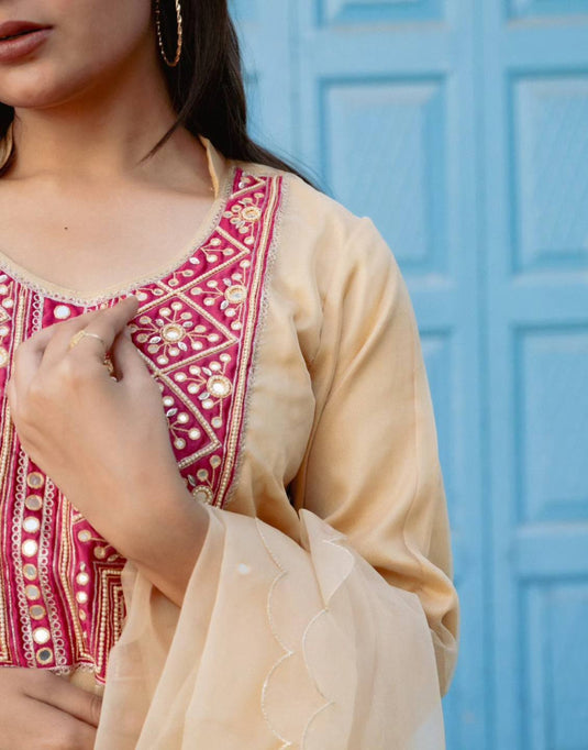 Women’s Beige Suit with Red Embroidered Yoke and Dupatta