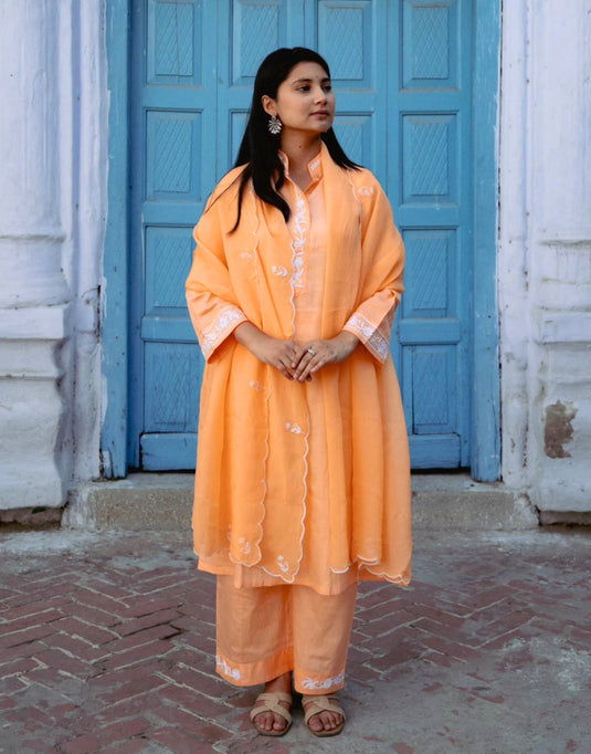 Noor Collection– Women’s Peach Suit with White Embroidery and Dupatta