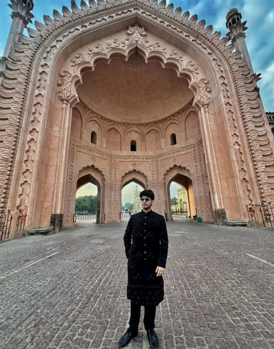 Black Royal Sherwani with Resham Aari Embroidery