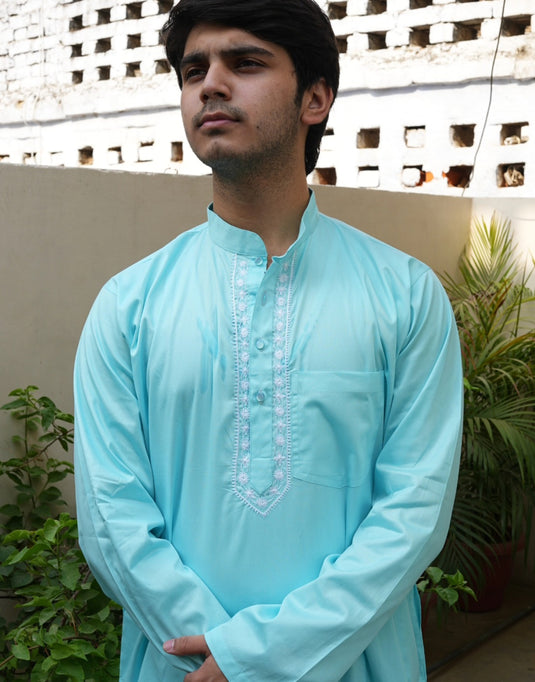 Men’s Light Blue Cotton Kurta with Resham Aari Embroidery
