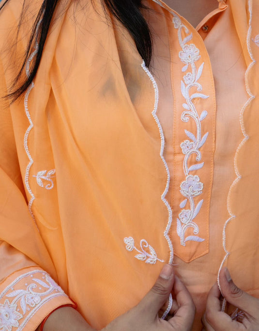 Noor Collection– Women’s Peach Suit with White Embroidery and Dupatta