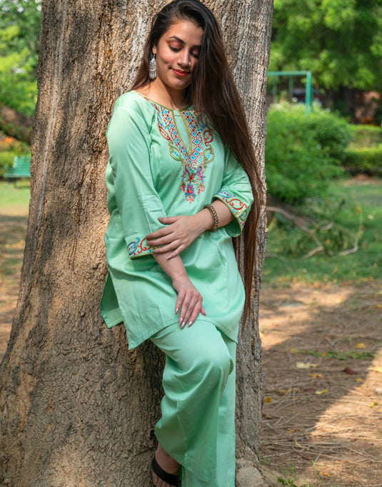 Mint Green Aari Embroidered Co-ord Set