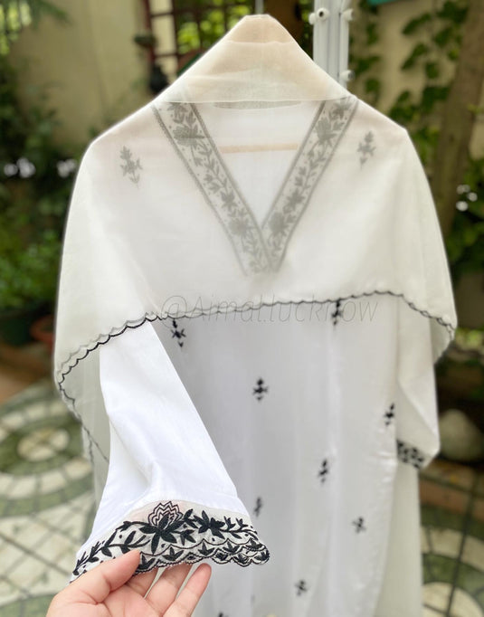 Women’s White Kurti & Dupatta Set with Black Embroidery