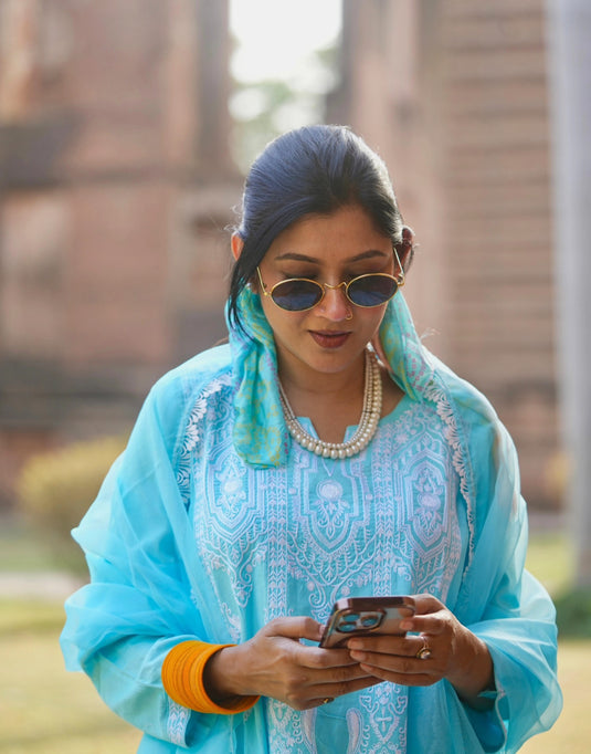 Aqua Blue Aari Embroidered Suit with Organza Dupatta