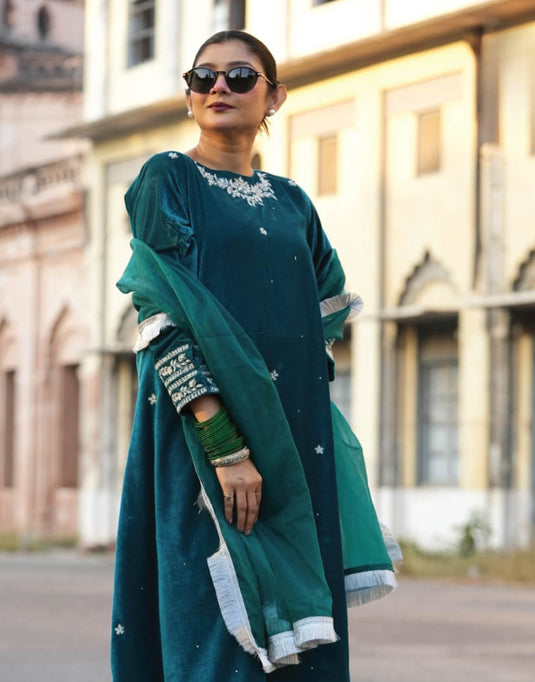 Velvet Suit Set with Aari Pothwork & Organza Dupatta