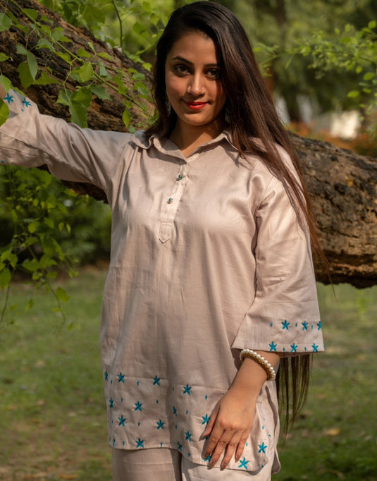Beige Co-ord Set with Blue Embroidery