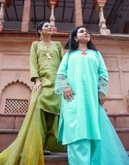 Aqua Blue Resham Embroidered Glace Cotton Set with Organza Dupatta