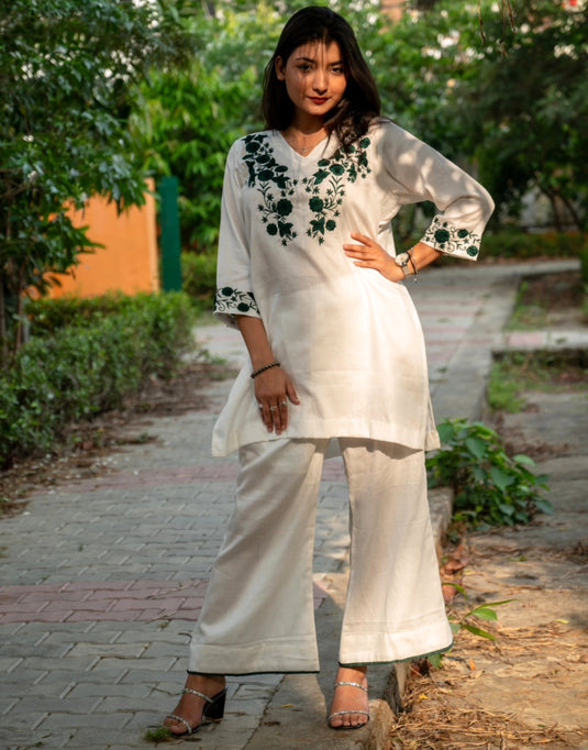 White Floral Embroidered Co-ord Set