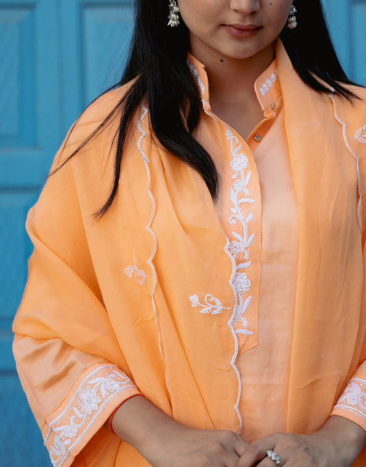Noor Collection– Women’s Peach Suit with White Embroidery and Dupatta