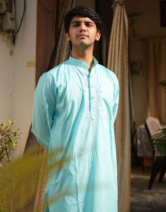 Men’s Light Blue Cotton Kurta with Resham Aari Embroidery