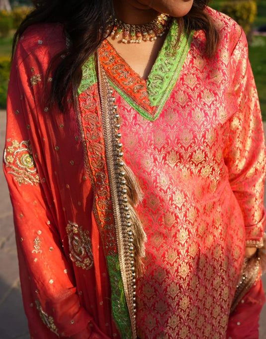 Women’s Coral Pink Sharara Set with Dupatta and Embellished Detailing