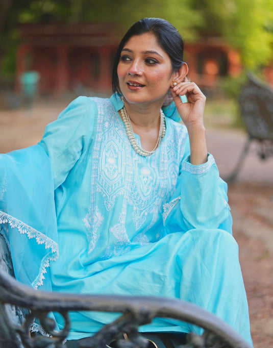 Aqua Blue Aari Embroidered Suit with Organza Dupatta