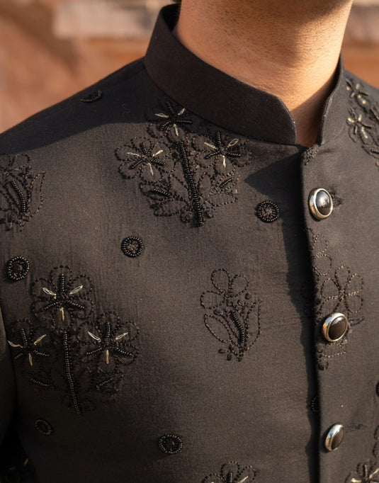 Black Royal Sherwani with Resham Aari Embroidery