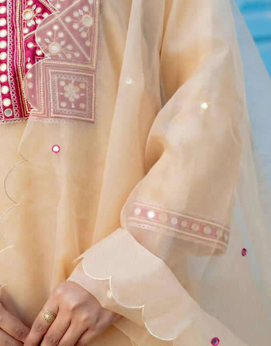 Women’s Beige Suit with Red Embroidered Yoke and Dupatta