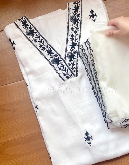 Women’s White Kurti & Dupatta Set with Black Embroidery