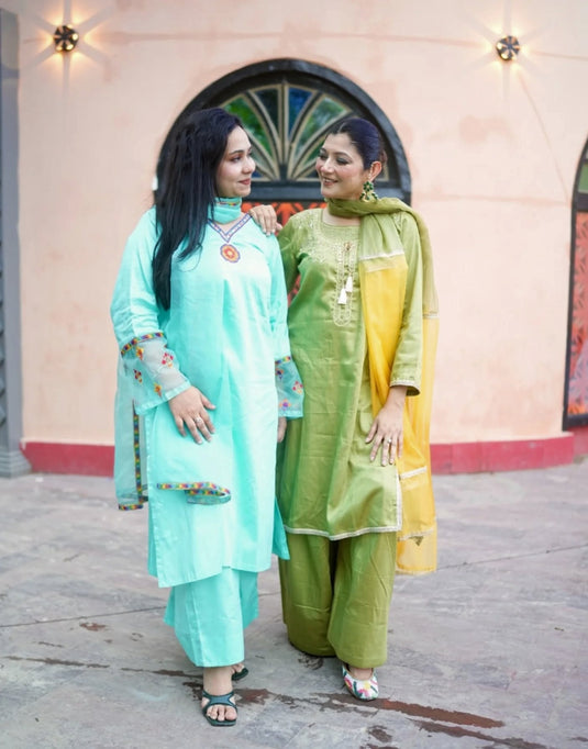 Aqua Blue Resham Embroidered Glace Cotton Set with Organza Dupatta