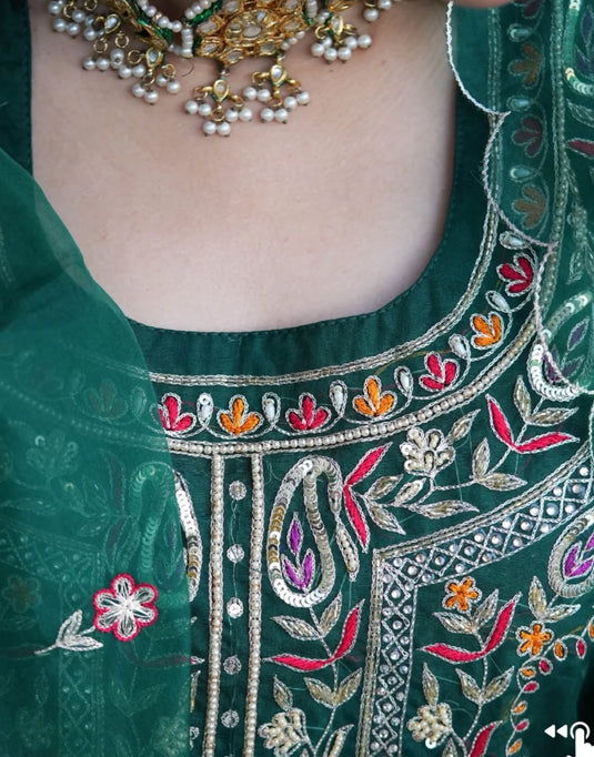 Aimal Dark Green Organza Aari Hand-Embroidered Outfit
