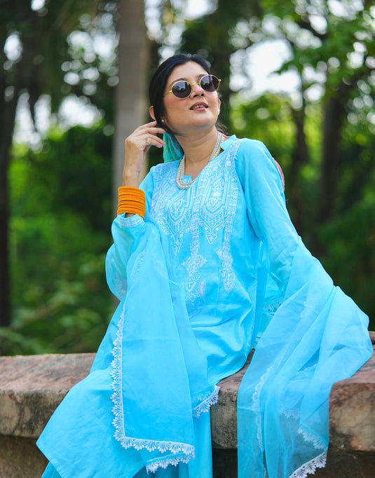Aqua Blue Aari Embroidered Suit with Organza Dupatta