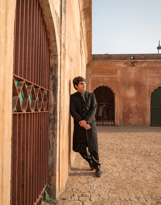 Black Royal Sherwani with Resham Aari Embroidery