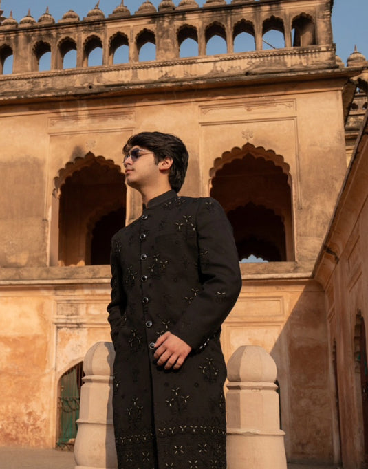 Black Royal Sherwani with Resham Aari Embroidery