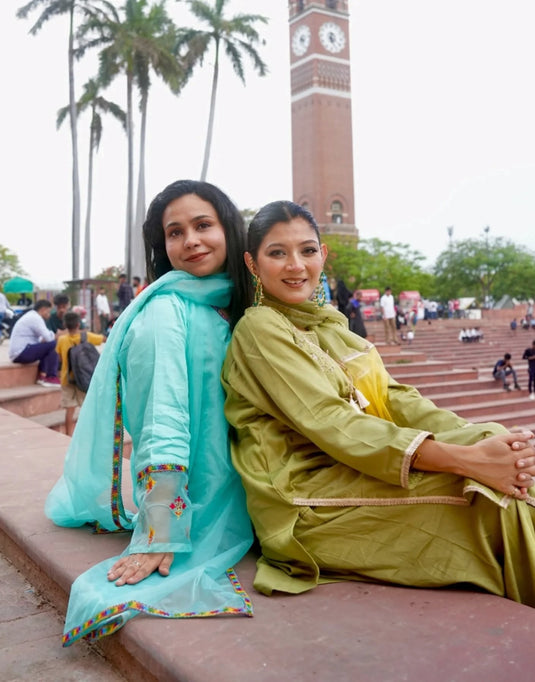 Aqua Blue Resham Embroidered Glace Cotton Set with Organza Dupatta