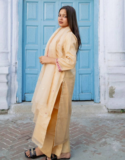 Women’s Beige Suit with Red Embroidered Yoke and Dupatta
