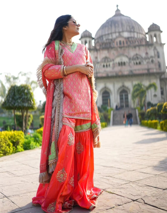 Women’s Coral Pink Sharara Set with Dupatta and Embellished Detailing